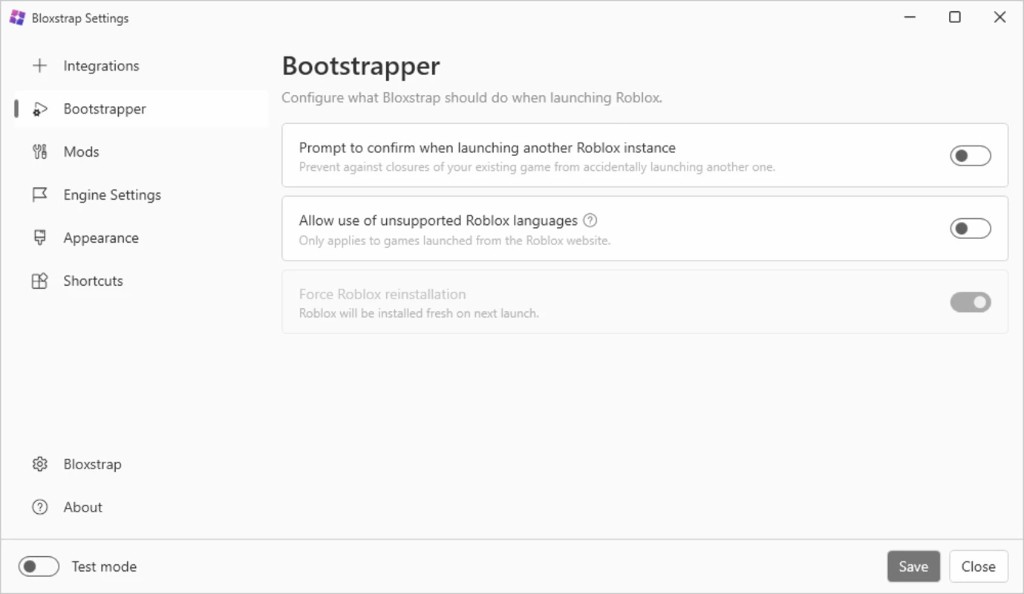 Bloxtrap Настройки, показывающие запуск загрузчика и языковые параметры
