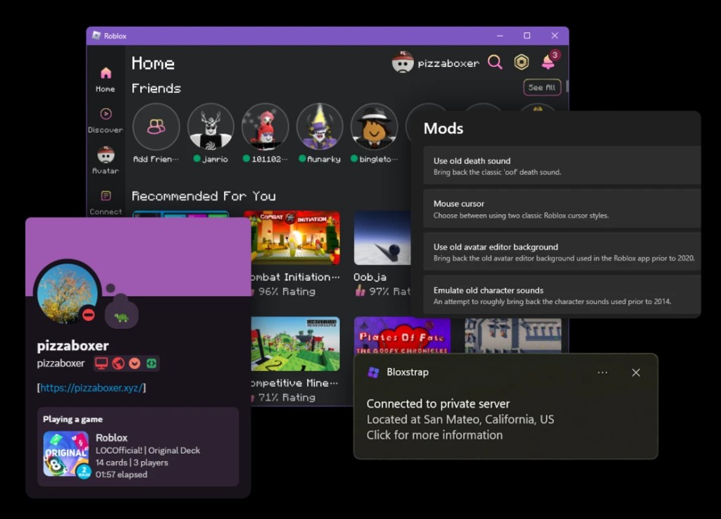 Представление Bloxtrap в клиенте с наложением модов, активности профиля и местоположения сервера