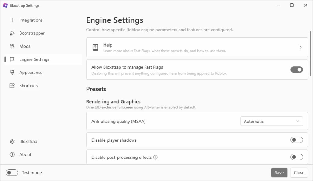 Bloxtrap Настройки, показывающие настройки движка с FastFlags и графическими пресетами