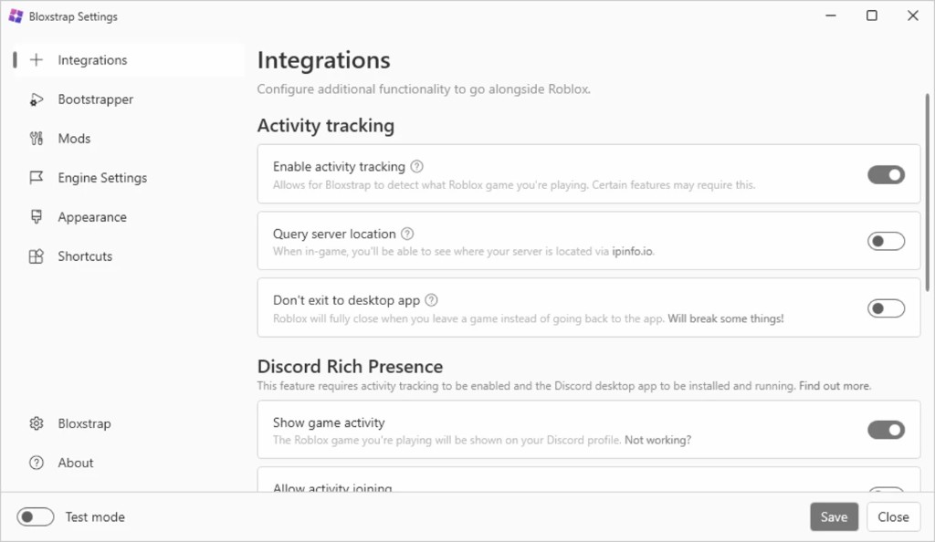 Bloxtrap Настройки, показывающие интеграцию с отслеживанием активности и Discord Rich Presence