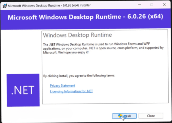 نافذة مثبّت Microsoft Windows Desktop Runtime مع تثبيت وإغلاق